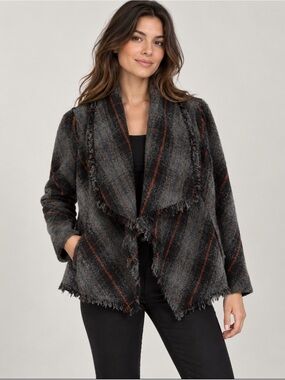 Nordstroms Relaxed Draped Plaid wool blend fringe peplum back coat medium